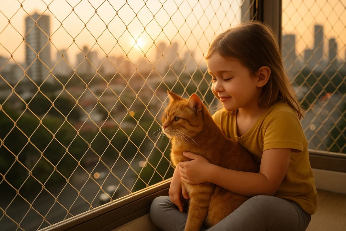 Sacada de apartamento com tela de proteção instalada, mostrando segurança para crianças e pets