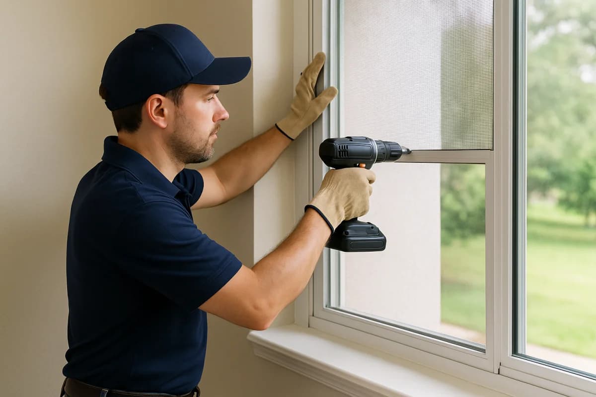 Profissional especializado instalando rede de proteção com equipamentos de segurança e técnicas certificadas