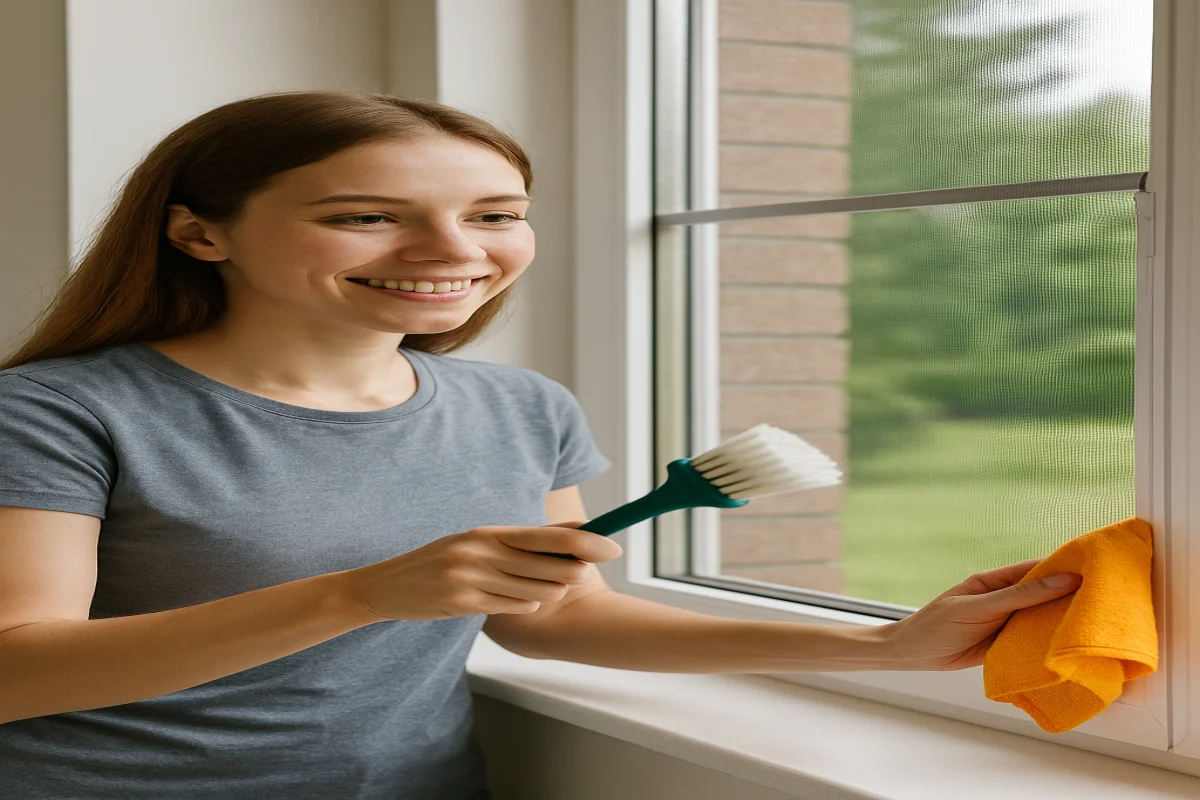 Manutenção de tela mosquiteira sendo realizada com cuidado