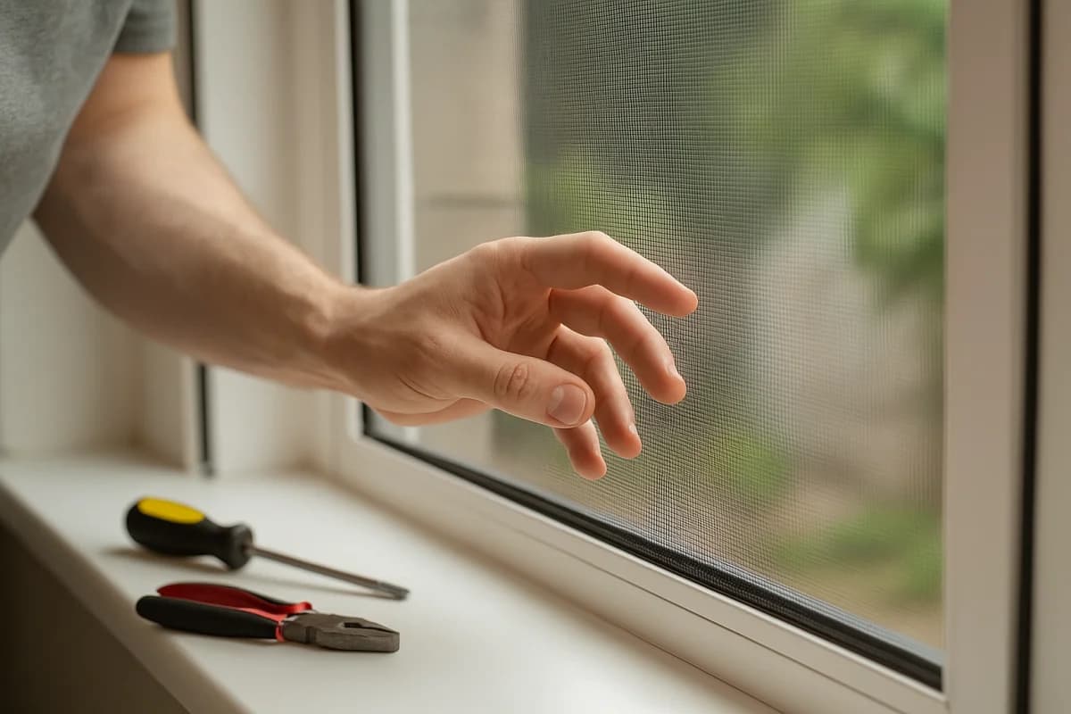 Profissional realizando manutenção preventiva em tela mosquiteira e rede de proteção