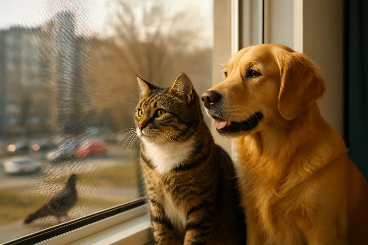 Gato observando pela sacada com rede de proteção instalada