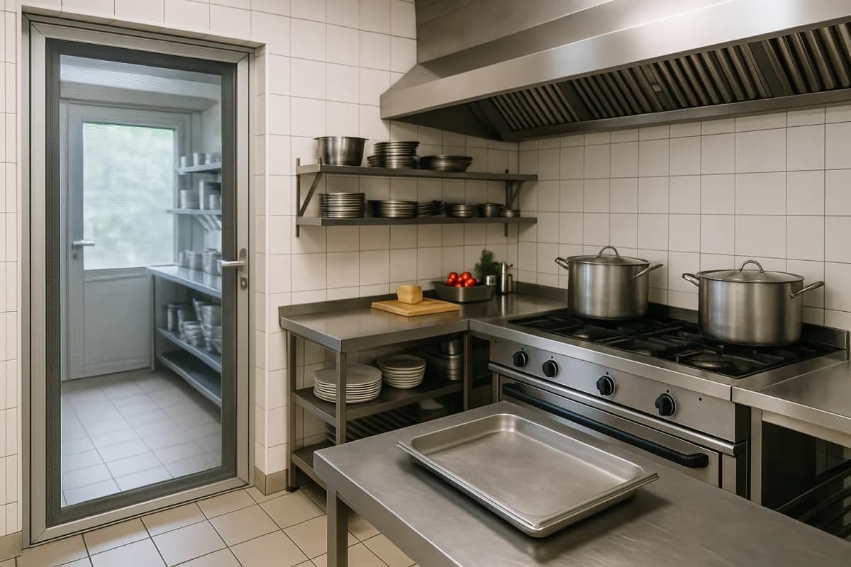Porta mosquiteiro de alumínio em cozinha profissional com estrutura robusta seguindo normas sanitárias