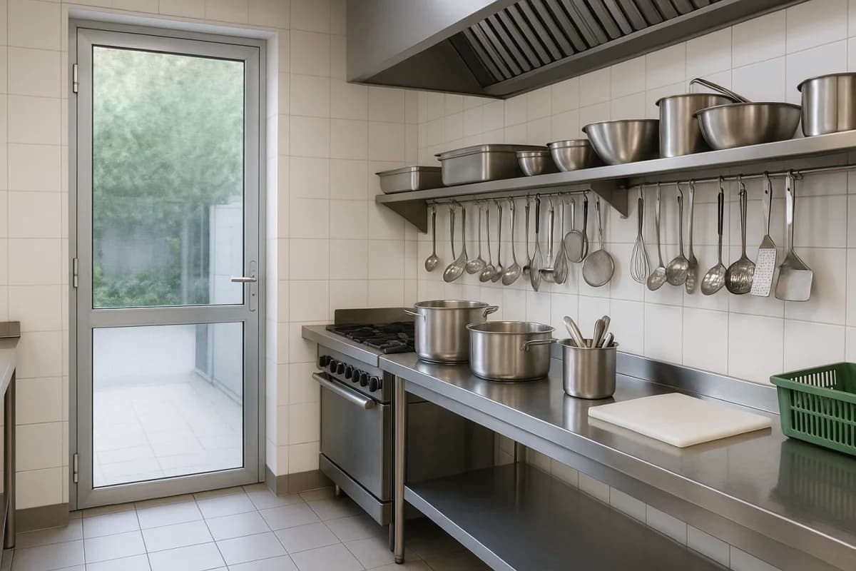 Porta mosquiteiro de alumínio instalada em cozinha profissional seguindo normas sanitárias