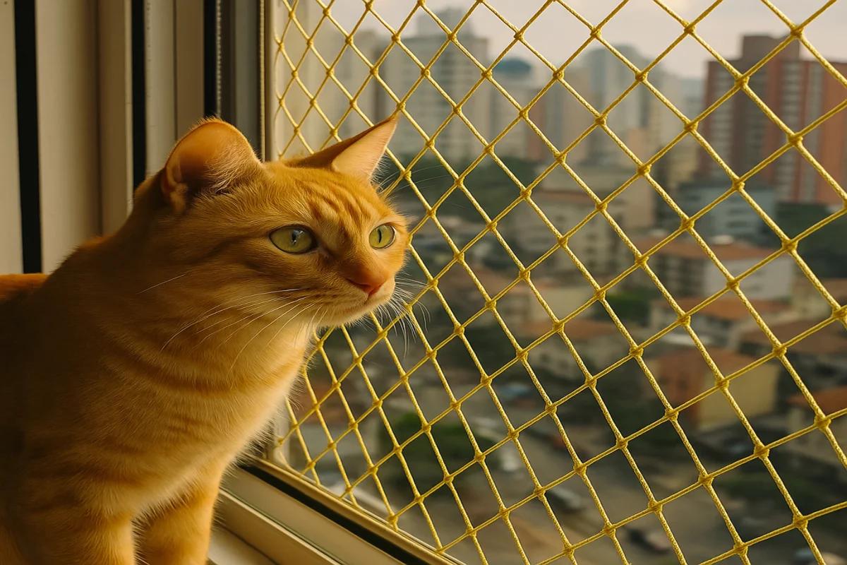 Gato relaxando em janela protegida com tela de segurança