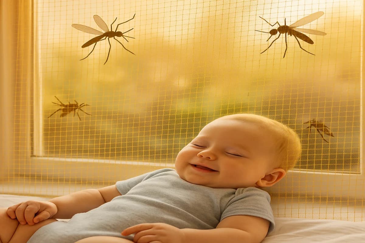 Quarto de bebê protegido com telas mosquiteiras nas janelas