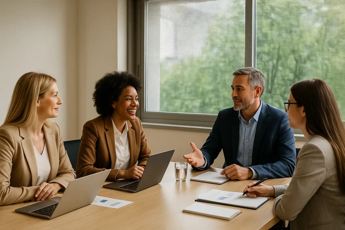 Escritório corporativo moderno com amplas janelas protegidas por telas mosquiteiras discretas