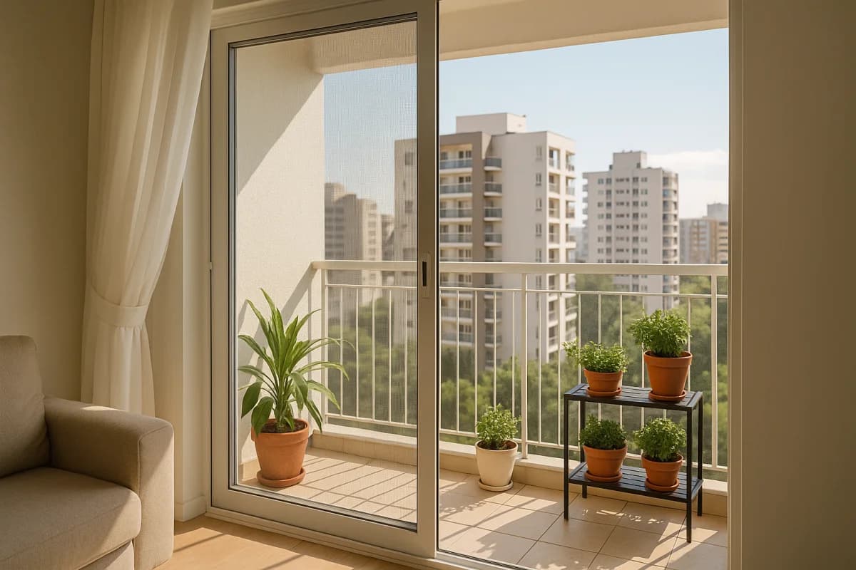 Varanda com telas mosquiteiras instaladas proporcionando conforto