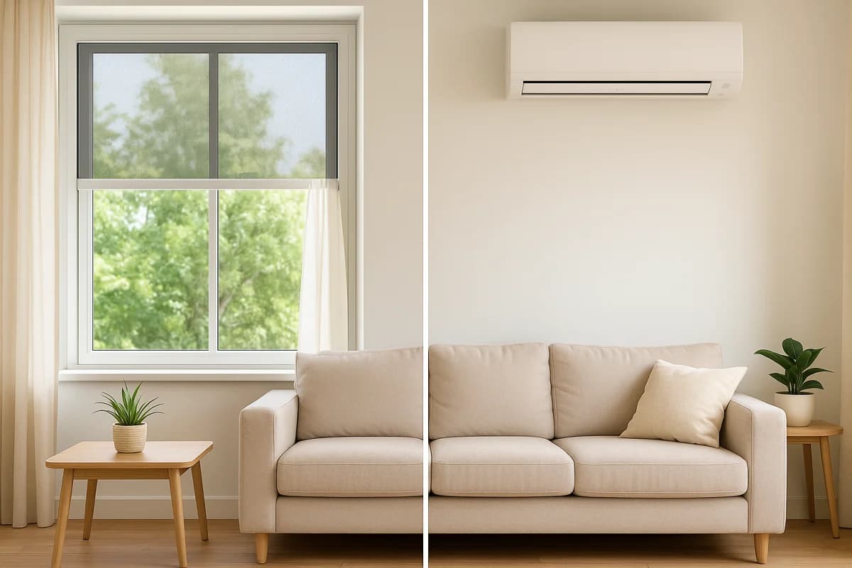 Comparação entre casa com telas mosquiteiras e ar condicionado mostrando economia