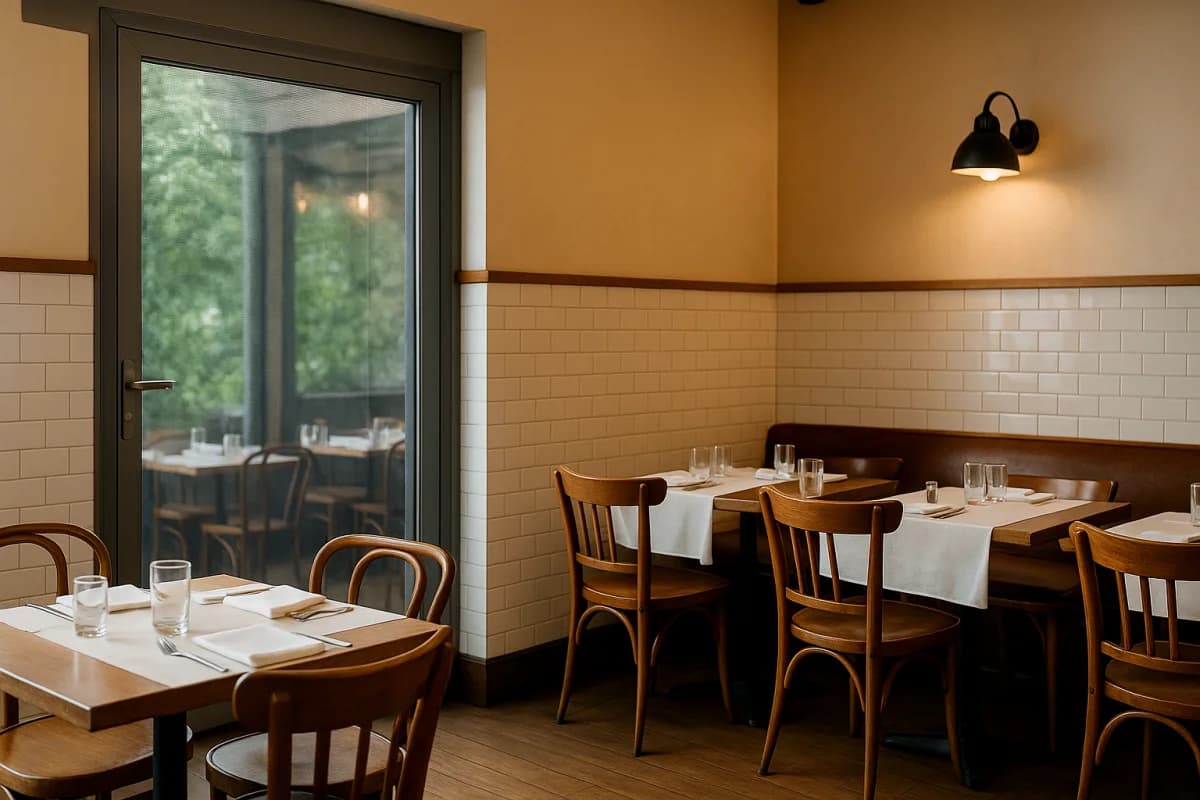 Academia moderna com amplas janelas protegidas por telas mosquiteiras, permitindo ventilação natural