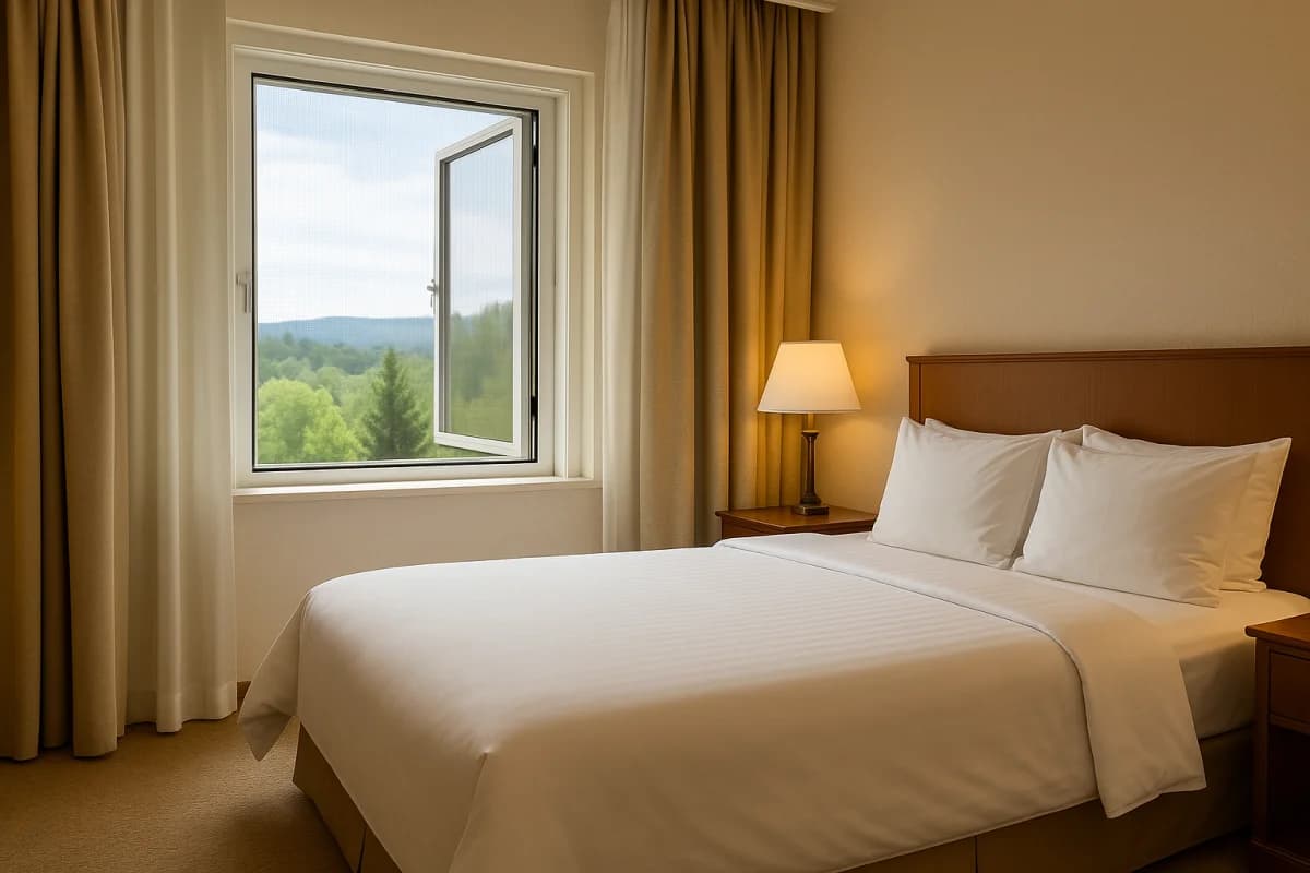 Cozinha moderna com telas mosquiteiras nas janelas