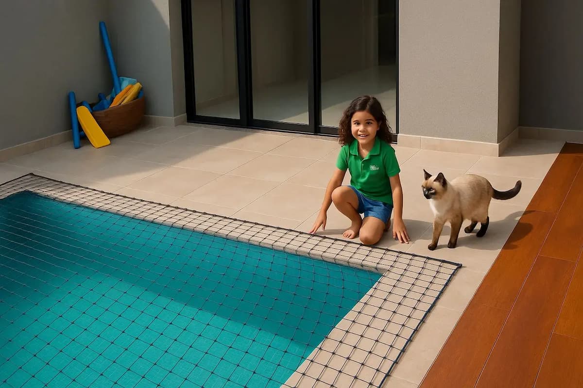 Rede de proteção para piscina evitando acidentes com crianças e animais de estimação