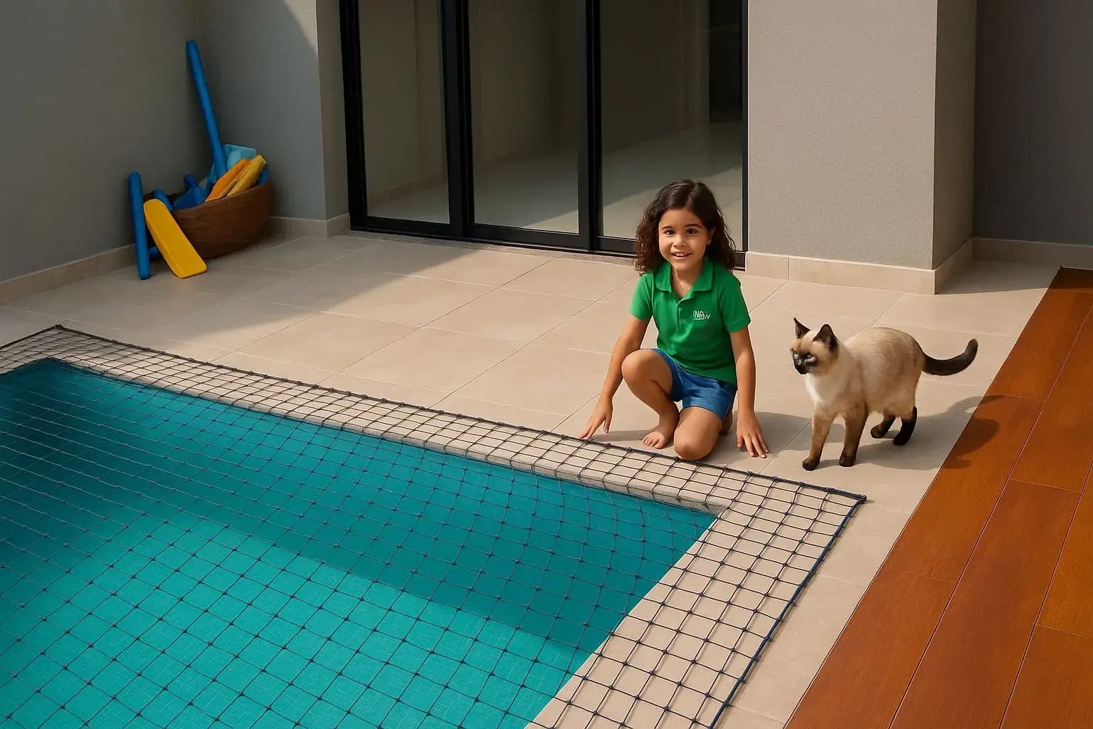 Criança sorridente ao lado de uma piscina protegida com rede de segurança, acompanhada do seu gatinho. Proteção para quem você ama.