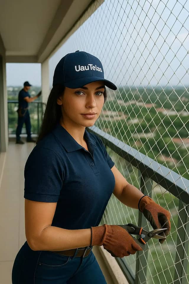 Rede de proteção instalada em sacada para segurança infantil